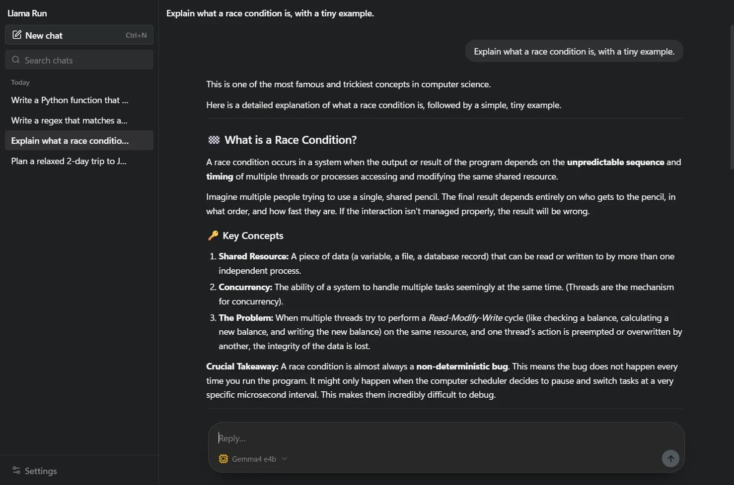 The LlamaRun chat window: past chats in a sidebar, and a formatted answer explaining race conditions with a short example