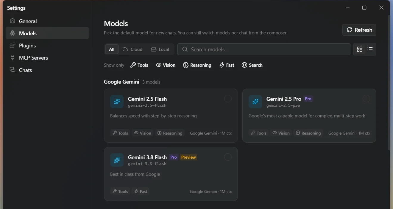 LlamaRun Settings, Models page, listing the cloud models available to the account with their abilities