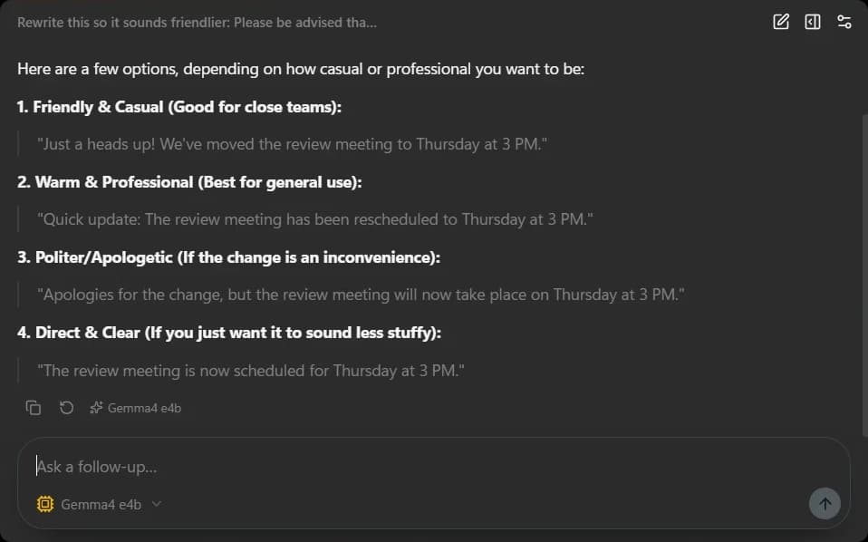The LlamaRun overlay with a request to make a message friendlier, and four rewritten versions from a local model