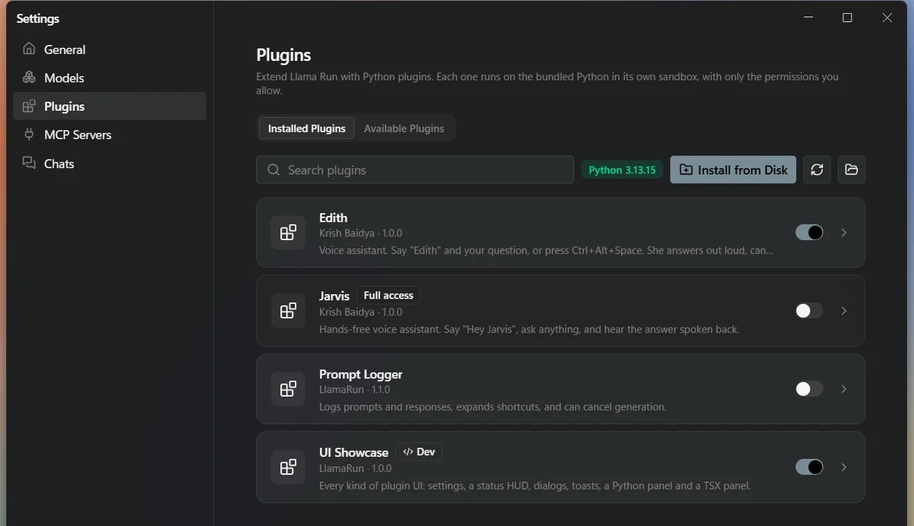 LlamaRun Settings, Plugins page, with two installed Python plugins and their on and off switches